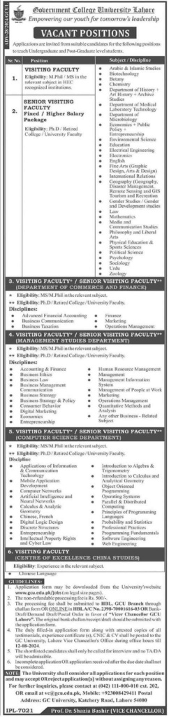 GCU Lahore job Advertisement
